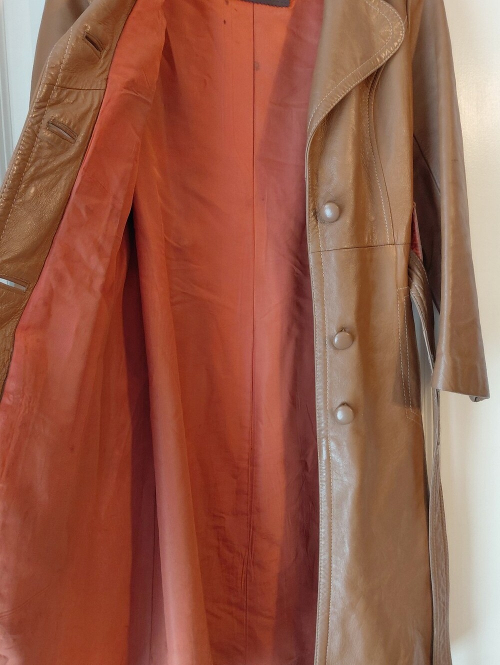 Vintage 60's 70's Pennylane Era Dan Di Modes Tan Leather Trench Coat Belted M - Picture 13 of 16
